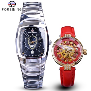 Forsining Couple Watch Set Combination Men Ghost Skull Rectangle Date Steel Band Quartz /Women Red Leather Mechanical Wa