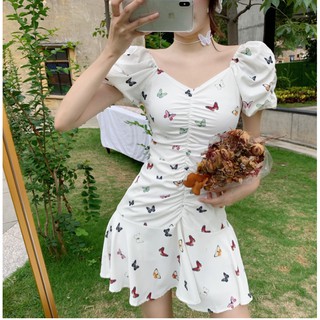 butterfly print dress เดรสสั้น เดรสทรงเอ เดรสสีขาว เดรสสไตล์เกาหลี FA454