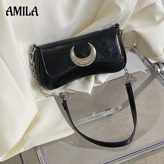 AMILA ใหม่ไหล่ข้างเดียวกระเป๋าสตรี high-end moon ล็อค underarm baguette กระเป๋าแฟชั่น messenger กระเป๋าผู้หญิง