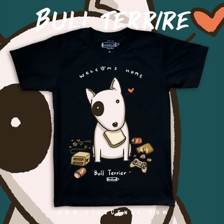 เสื้อยืดผ้าฝ้ายพิมพ์ลายขายดีBull Terrier " welcome home " Dog on Black t-shirt เสื้อยืด พรีเมี่ยม สีดำ ลายน้องหมาบูลเทอร