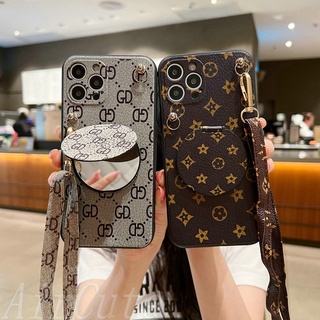 เคส iPhone 15 14 13 12 11 Pro Max X XR XS Max 8 7 6 6S + Plus SE 2020 iPhone15 iPhone14 iPhone13 iPhone12 iPhone11 iPhone8 iPhone7 Fashion Bag Brand Soft Case With Mirror Stand And Lanyard