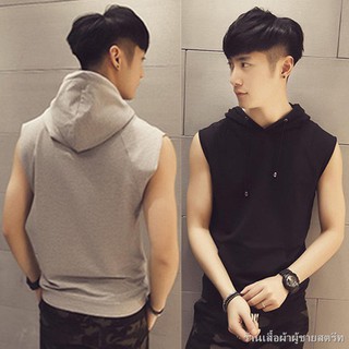 เสื้อกั๊กมีฮู้ดสไตล์ฮ่องกงผู้ชาย เสื้อฮู้ดฤดูร้อน เสื้อยืดแขนกุด Slim Hoodie