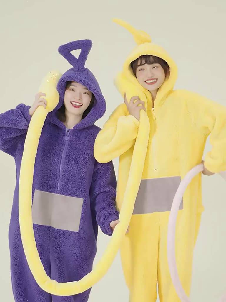 สินค้าพร้อม-2022-teletubbies-สุทธิสีแดง-one-piece-ชุดนอนหญิงฤดูหนาวน่ารักสาวการ์ตูนเสื้อผ้าฤดูหนาวหนาขนแกะปะการัง-hooded