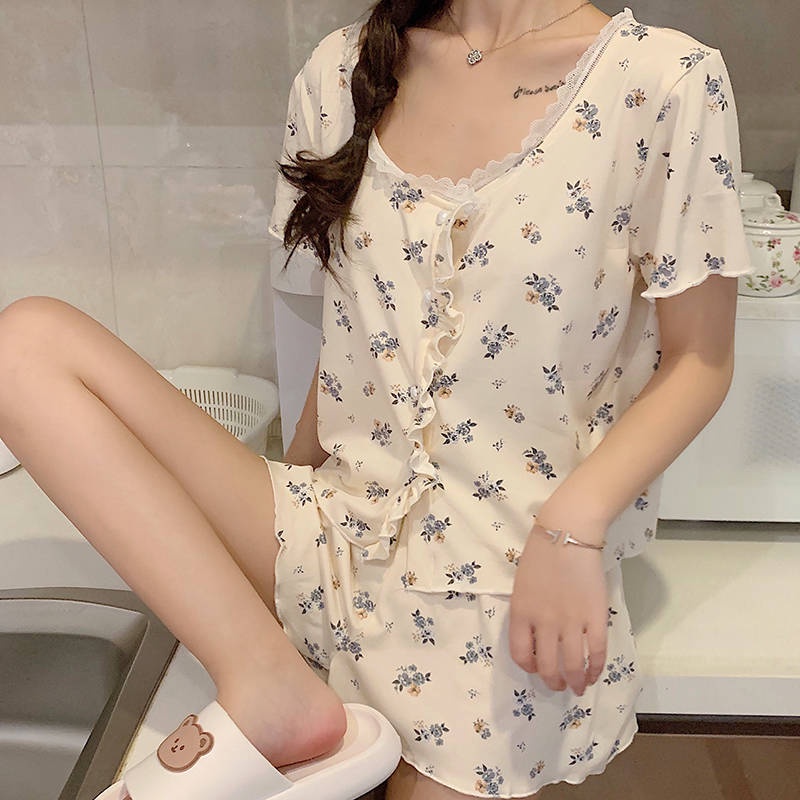 ชุดนอน-floral-ins-ลมหวานและน่ารักสาวแขนสั้นชุดบริการถึงบ้าน
