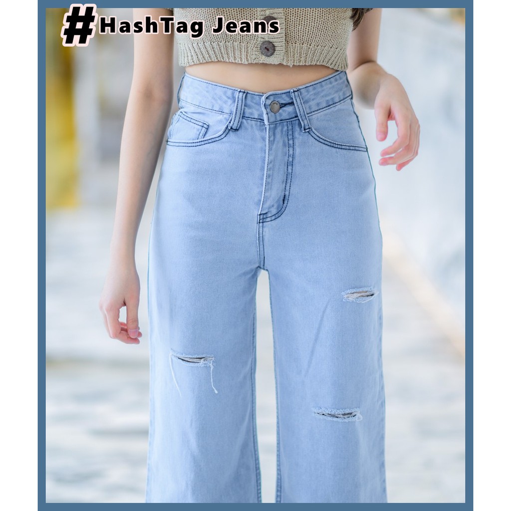 hashtag-jeans-กางเกงยีนส์ขายาว-วินเทจขาบาน-สีฟ้าใสด้ายดำ-ขาด-3-เส้น-กางเกงยีนส์ผู้หญิง-has9183