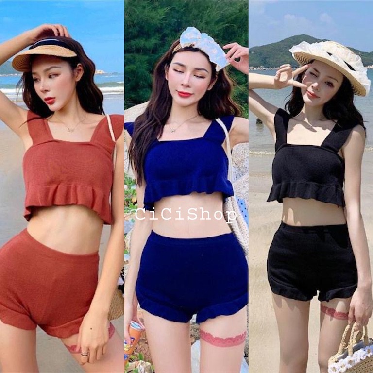 cicishop-a657-ชุดว่ายน้ำ-2ชิ้นผ้าทอknitting-สายเดี่ยว-กางเกงเอวสูง-ผ้ายืดเยอะ-ทูพีช-ไหมพรมอย่างดี