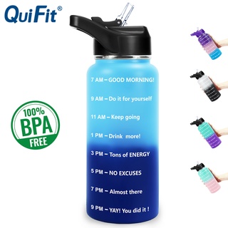 ภาพหน้าปกสินค้าQuiFit 1L/32OZ Vacuum Water Bottles With Straw Stainless Steel Motivational Time Marker Leak Proof Reusable Travel Thermos ที่เกี่ยวข้อง