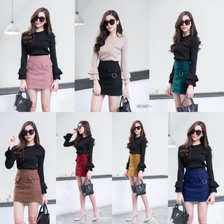 สินค้า TW6638 Set 2 ชิ้น เสื้อแขนยาวแต่งแขนระบาย+กระโปรงสั้นทรงสอบ เย็บกระเป๋าหน้า แต่งห่วงเงิน **สอบถามก่อนสั่งซื้อ**