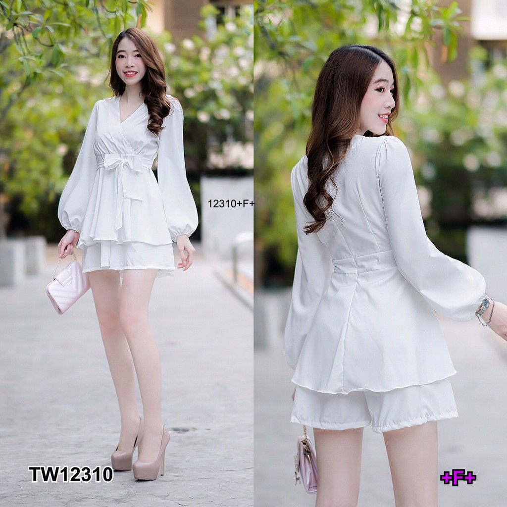 pe12310-จั้มสูทคอวีแขนยาวผูกเอวแต่งคลุมกระโปรง
