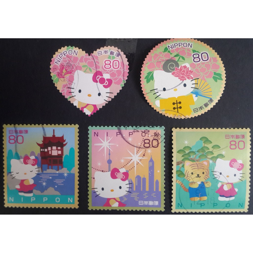 j315-2-แสตมป์ญี่ปุ่นใช้แล้ว-ชุด-greetings-hello-kitty-self-adhesive-stamps-ปี-2010-ใช้แล้ว-สภาพดี-ครบชุด-5-ดวง