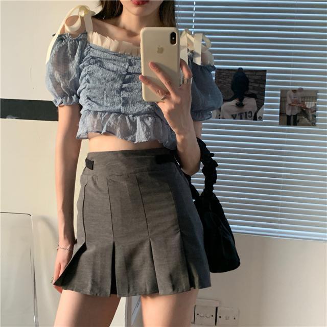 hot-sale-ชุดทูพีซสาว-นางฟ้าเกาหลีแขนยาวที่ถอดออกได้ที่ไม่มีสายหนังเสื้อเชิ้ตสายรัดหัวเข็มขัดกระโปรงจีบ