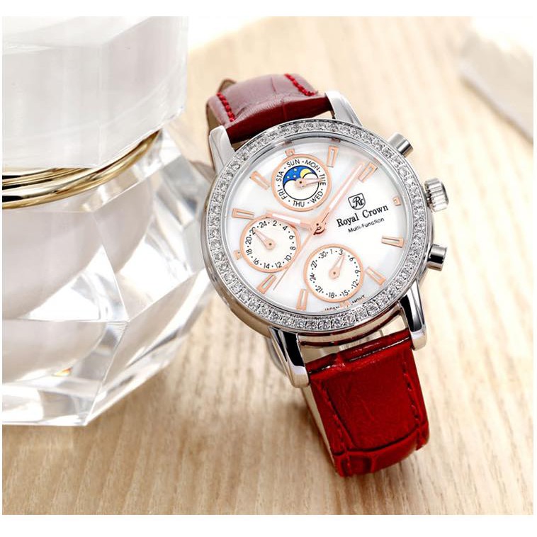 royal-crown-ฝังเพชรสวิส-สายหนัง-6420-นาฬิกาพรีเมี่ยม-นำเข้าจากฮ่องกง-smart-หน้าปัดกลมประดับเพชรสวิส-งานmicro-setting