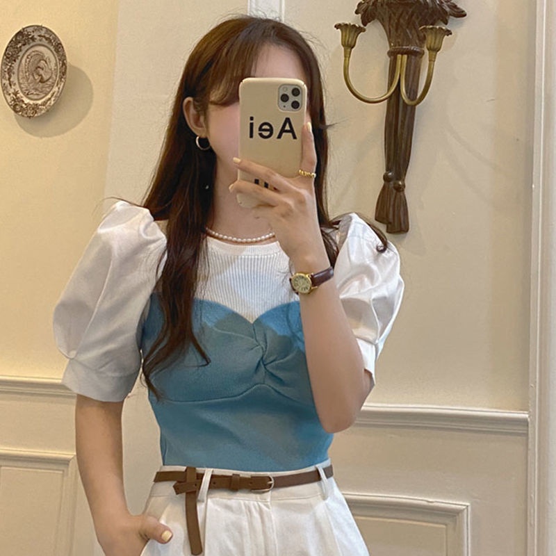 only-girl-พร้อมส่ง-เย็บฤดูร้อนบริสุทธิ์ปรารถนาหวานสาวร้อนแขนสั้นเสื้อยืดผู้หญิงความรู้สึกออกแบบผ้าไหมน้ำแข็งพัฟแขนบาง