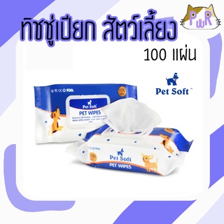 ทิชชู่เปียก 100 แผ่น ทำความสะอาด สัตว์เลี้ยง หมา แมว ราคาถูก petsoft pet wipes [ทชฟ้า]