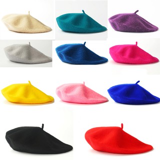 bibitop หมวกเบเร่ต์ขนสัตว์สีพื้นแฟชั่นสตรี