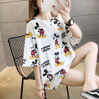 รูปแบบใหม่ แฟชั่นผู้หญิงเสื้อยืดทีเชิตคอกลมแขนสั้น ผ้านุ่มใส่สบาย MICKEY พิมพ์ลายน่ารัก เสื้อตัวยาว 803