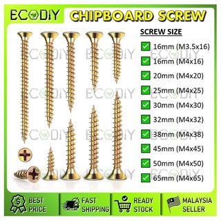 Ecodiy (500 ชิ้น) M4 เคาน์เตอร์จม ชิปบอร์ด สกรูไม้ หัวแบน สีรุ้ง สังกะสี สครู คายุ กัวลิติ CSK (SKRU)