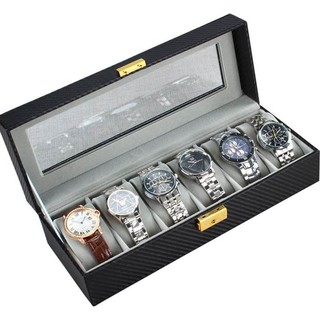Vintage กล่องใส่นาฬิกา Leather Watch Box สำหรับ 6 เรือน ลายคาร์บอน (สีดำ/เทา)
