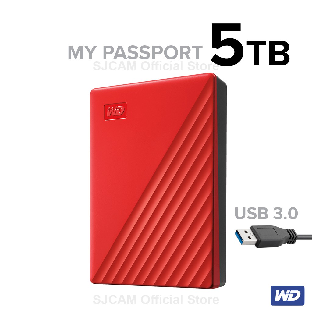 ภาพหน้าปกสินค้าWD External Harddisk 5TB ฮาร์ดดิสก์แบบพกพา My Passport, USB 3.0 External HDD 2.5" (WDBPKJ0050BRD-WESN) สีแดง ประกัน 3ปี จากร้าน sjcam_officialstore บน Shopee