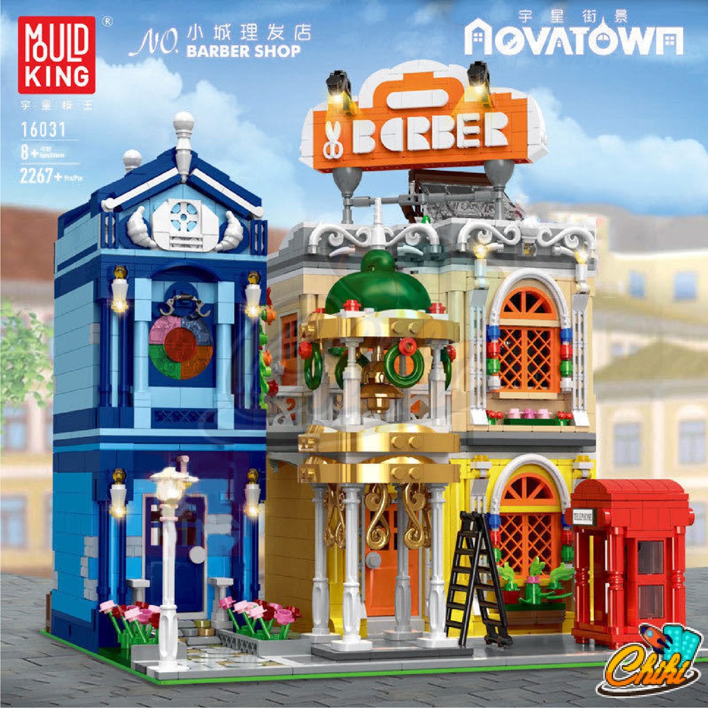 ชุดตัวต่อ-moc-streetview-ร้านตัดผม-สุดหรูหรา-เปิดไฟยามค่ำคืน-mouldking16031-จำนวน-2267-ชิ้น