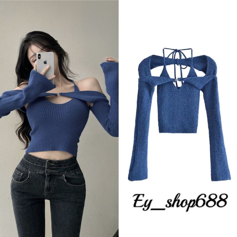 ey-shop688-พร้อมส่ง-a1162-เสื้อเกาหลีผ้าไหมพรมเซต2ชิ้นคล้องคอ-เสื้อคลุมเปิดไหล่-เสื้อผ้าไหมพรมผ้ายืดได้มีหลายสี