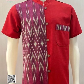 เสื้อผ้าฝ้ายกัดพิมพ์ลาย-คอจีนแขนสั้น-สีแดง