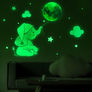 สติกเกอร์ติดผนัง เรืองแสงในที่มืด รูปดวงจันทร์ ช้างน่ารัก สําหรับตกแต่งบ้าน ห้องนอนเด็ก