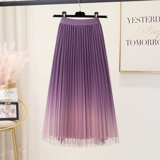 🌺S~2XL กระโปรงตาข่ายสีม่วง เวอร์ชั่นเกาหลี กระโปรงทรงเอ เอวสูง ทรงสลิม เลื่อม ยาวปานกลาง