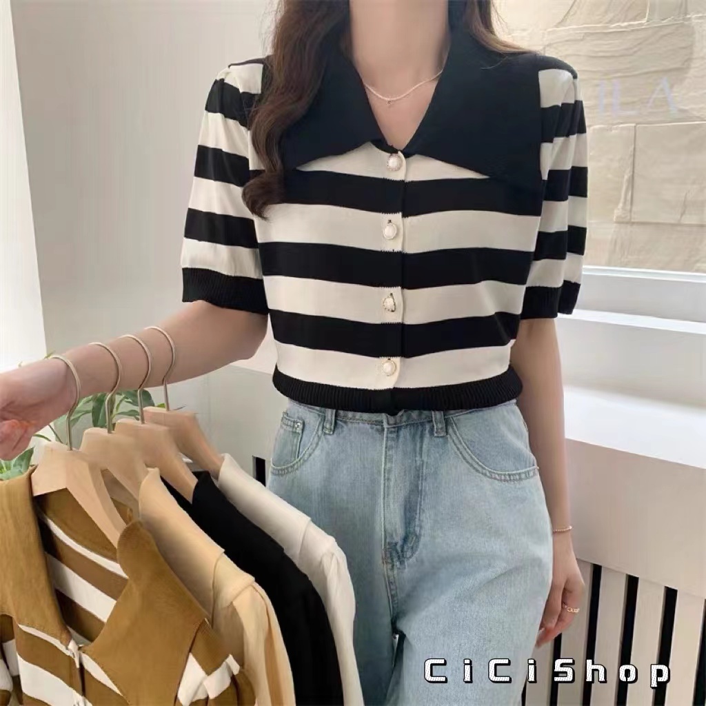 cicishop-a389-1-เสื้อแขนสั้นไหมพรม-ลายทาง-สีพื้น-คอปกหระดุมหน้า-คอปก-สไตล์เกาหลี-มินิมอล-ทรงสวย