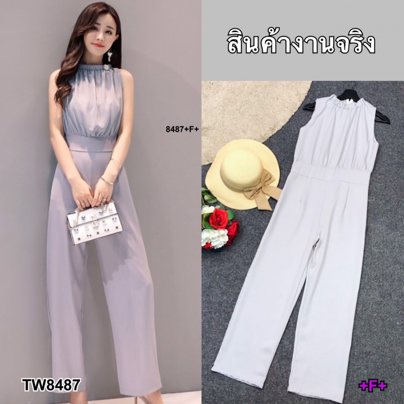 ak-8487-จั๊มสูทคอเต่า-ขายาว-แขนกุด-สีพื้นเรียบ