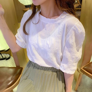 2021 female summer Korean version loose temperament T-shirt pleated short sleeves