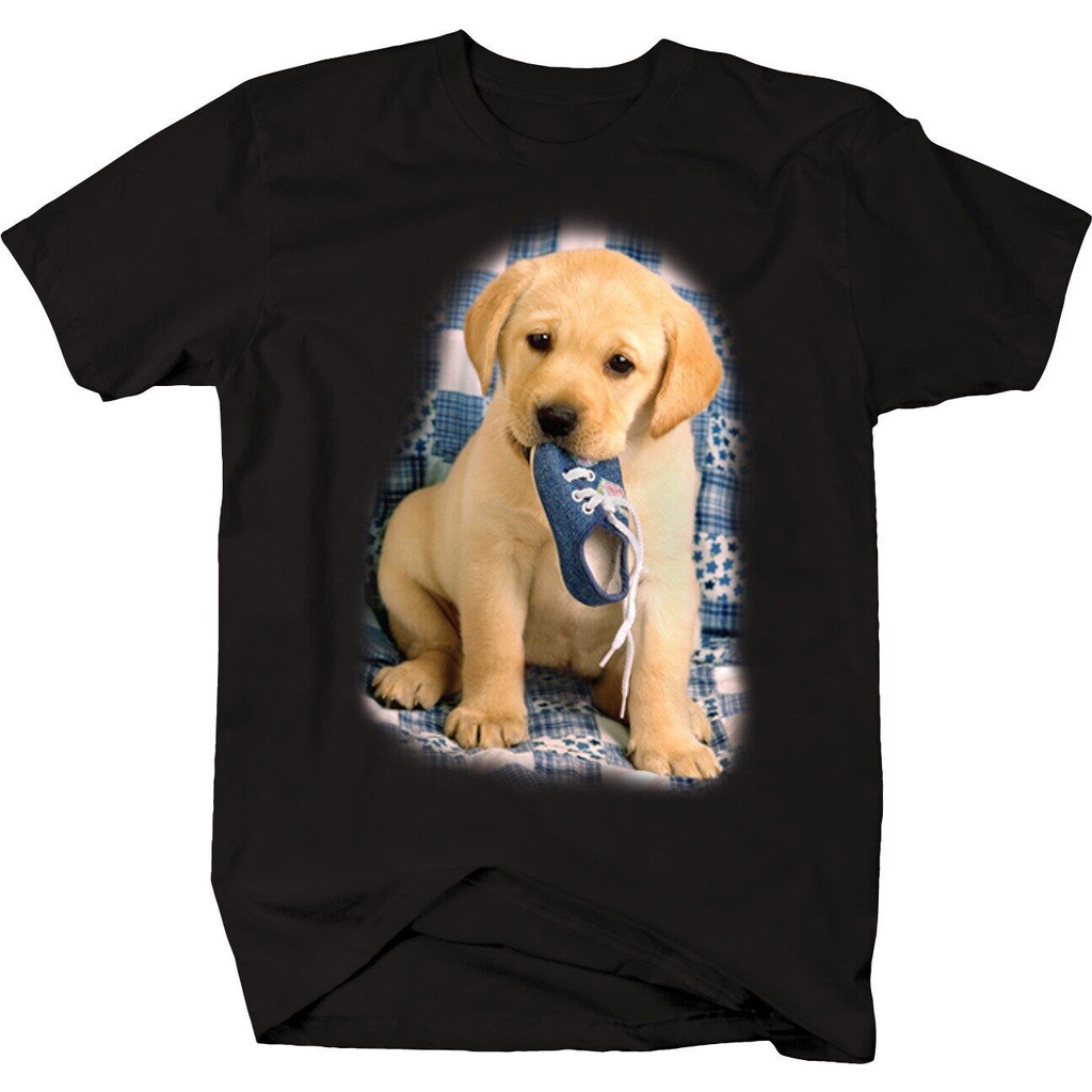 การพิมพ์เสื้อยืด-คอกลม-แขนสั้น-ผ้า-cotton100-สบายและต่อต้านริ้วรอย-cute-golden-retriever-puppy-dog-holding-blue-shoe