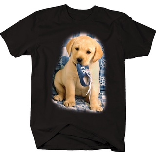 การพิมพ์เสื้อยืด คอกลม แขนสั้น ผ้า cotton100% สบายและต่อต้านริ้วรอย Cute Golden Retriever Puppy Dog Holding Blue Shoe
