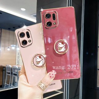 2022 New Phone Case เคส OPPO Find X5 Pro 5G A96 A76 A16e A16k 4G Casing Electroplating Straight Edge with Cat Stand Protective Soft Case เคสโทรศัพท