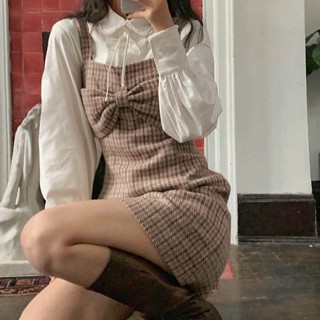🔥Hot sale~ Sweet French girl bowknot retro plaid woolen suspender dress female A-line skirt 2020 autumn and winter new