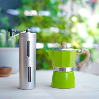 ชุดหม้อต้มกาแฟสด มอคค่าพอท Moka pot 3cup (สีเขียว) + เครื่องบดเมล็ดกาแฟ มือหมุน