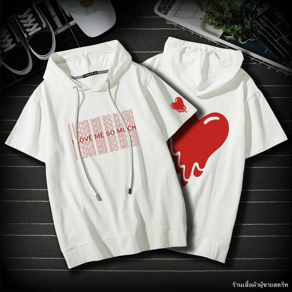 เสื้อมีฮู้ดแขนสั้นผู้ชาย-เสื้อฮู้ดพิมพ์ลายตัวหลวม-เสื้อยืดแขนสั้นผู้ชาย