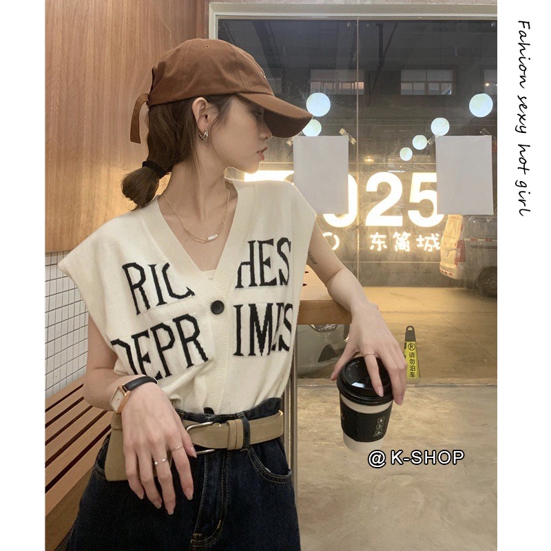 ภาพหน้าปกสินค้าK-SHOP เสื้อกั๊กถักนิตติ้งแฟชั่นสไตล์เกาหลีย้อนยุคสำหรับผู้หญิงเสื้อแขนกุด
