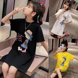 *พร้อมส่ง*2021เสื้อผ้าเด็กคอตตอน100%เสื้อเด็กผู้หญิงเดรสแขนสั้นกระโปรงทรงหลวมสำหรับเด็กโต