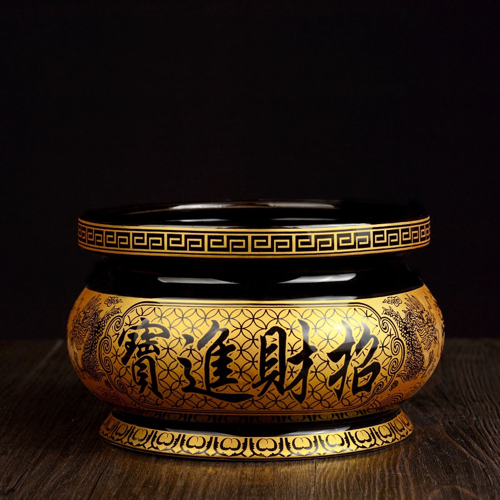 กระถางธูปเซลามิคลงลายทองบทสวดอักษรมงคลศิลปะจีน-ขนาด-8-นิ้ว