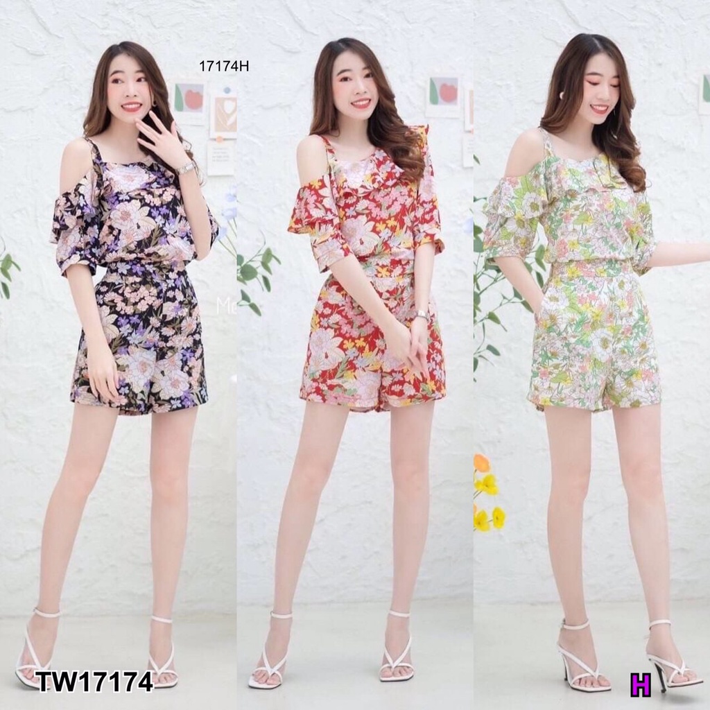 ch17174-set-2-ชิ้น-เสื้อเว้าไหล่-1-ข้าง-พิมลายดอกไม้-กางเกงลายดอกไม้ขาสั้น