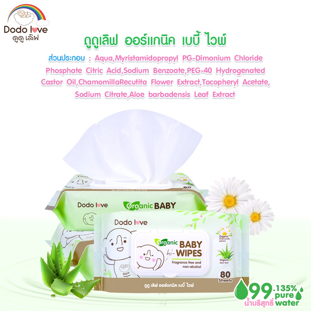 [ยกลัง6] DODOLOVE ทิชชู่เปียก Baby Wipes ผ้าเช็ดทำความสะอาดสำหรับเด็ก ออร์แกนิค ทิชชู่ ทิชชูสำหรับเด็ก - 2