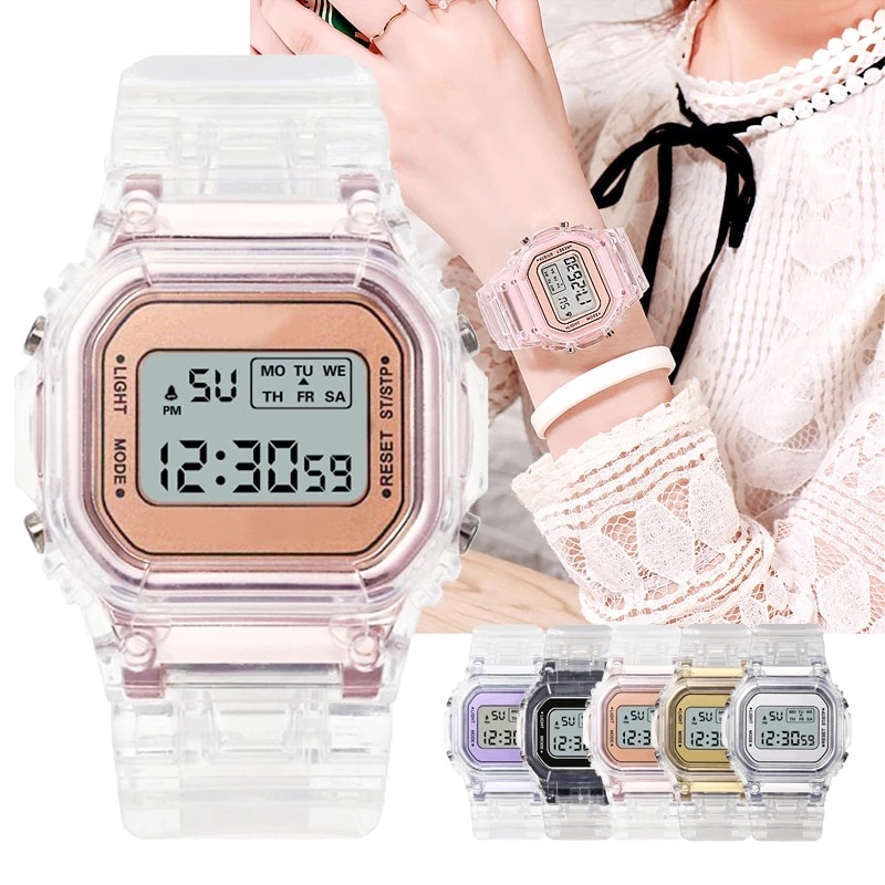 ใหม่แฟชั่นโปร่งใสนาฬิกาดิจิตอลสแควร์นาฬิกาผู้หญิงกีฬานาฬิกาข้อมืออิเล็กทรอนิกส์clock