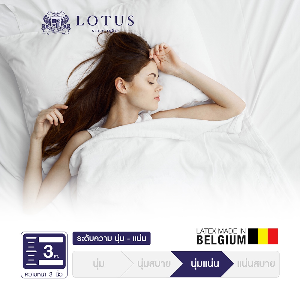 ข้อมูลประกอบของ LOTUS ที่นอนยางพารานุ่ม แน่น สบาย ฟื้นฟูร่างกายขั้นสุด Latex made in Belgium ส่งฟรี