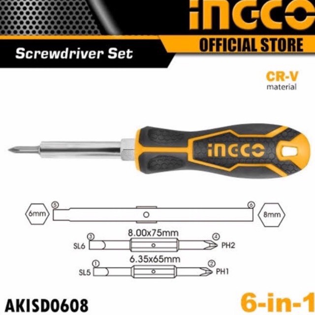 ราคาและรีวิวIngco ไขควงสลับหัว 6 in 1 รุ่น AKISD0608 ( 6 in 1 Screwdriver Set )