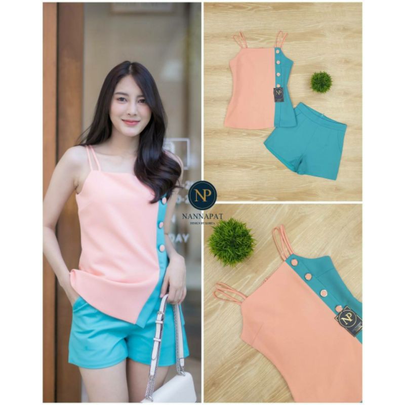 nannapat-set-2-ชิ้น-เสื้อสายเดี่ยวซิปหลัง-แต่งกระดุมสวยงาน-กางเกงมีกระเป๋าข้าง