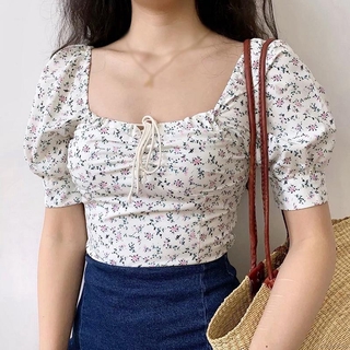 เสื้อครอปแขนสั้น คอสี่เหลี่ยม ลายดอกไม้ สไตล์เกาหลี สำหรับสตรี