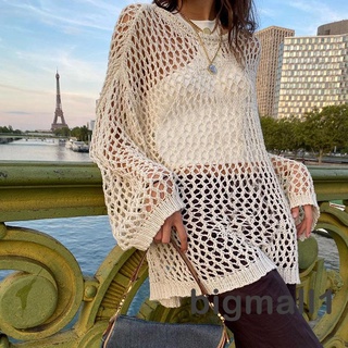 BIGMALL-Women Sexy Hollow-out Knit Smock Blouse, Loose Round Neck Long Sleeve Fishnet Pullover Knitwear