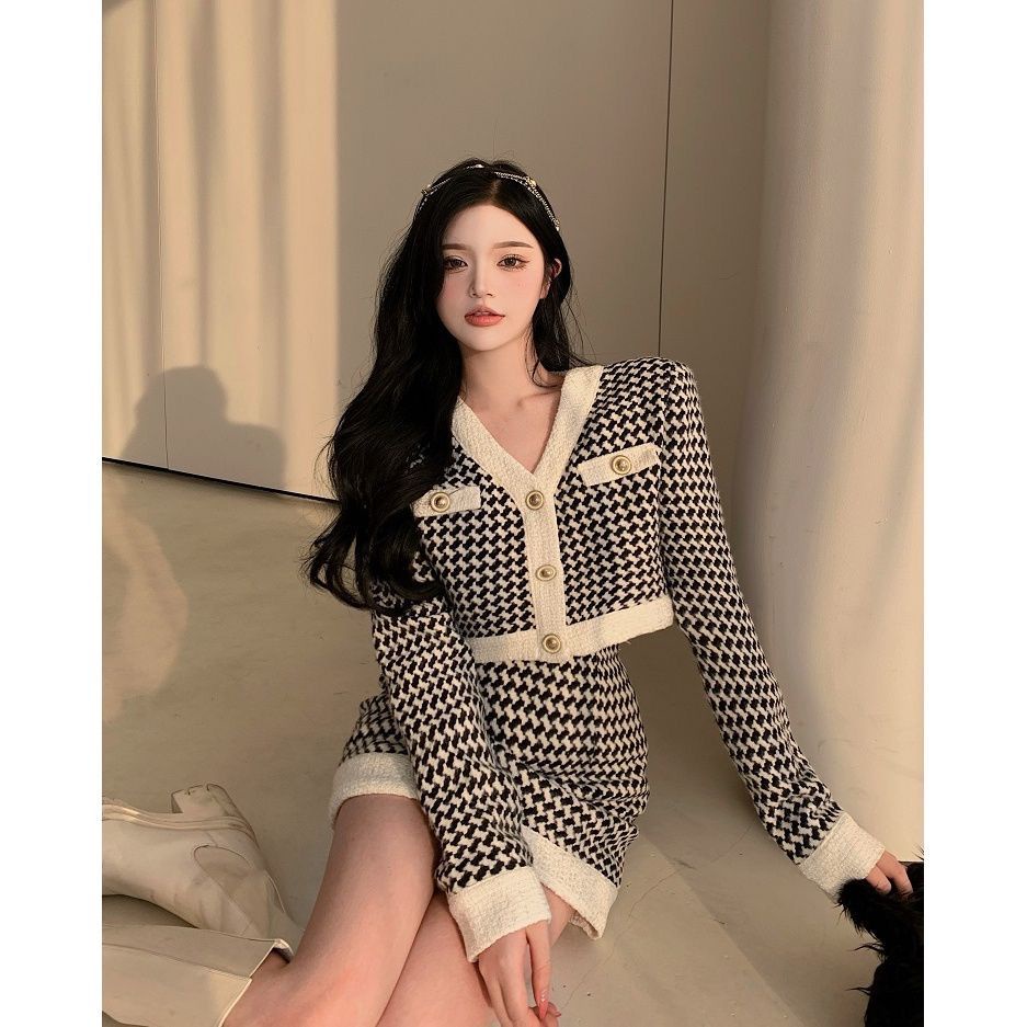 ชุดเซ็ต-2-ชิ้น-เวอร์ชั่นเกาหลี-เสื้อแขนยาวผ้าทวีต-กระโปรงเอวสูง-houndstooth-ดูแพง