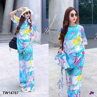 TW14767 Set 3 ชิ้น เสื้อคอกลมแขนสั้น ทรงโอเวอร์ไซส์ + กางเกงขายาว เอวยางยืด มีกระเป๋าข้าง + หมวกบักเกต ผ้าไหมเกาหลี